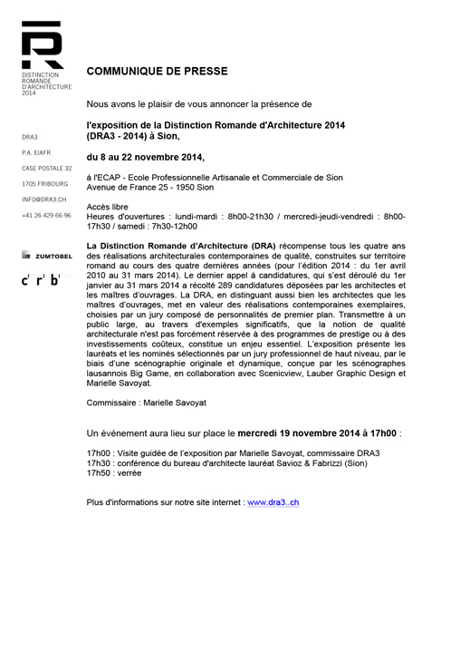 exposition et conférence distinction romande d'architecture 2014 - ecap, sion, 8-22.11.14