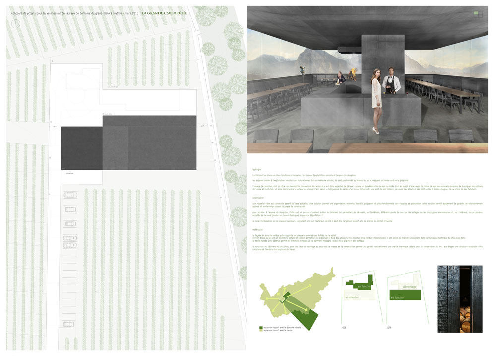 enlargement of the cave du grand brûlé winery at leytron, 1st prize in competition